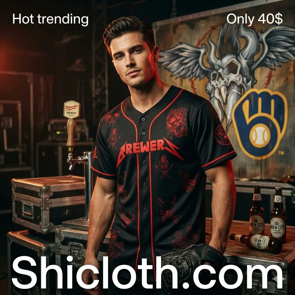 Male model wearing black Metallica Milwaukee Brewers jersey from Shicloth
