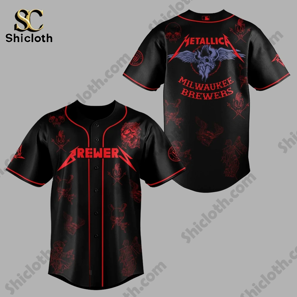 Metallica x Milwaukee Brewers M72 World Tour 2026 Jersey 3 Black Metallica Milwaukee Brewers Shicloth jersey front and back view