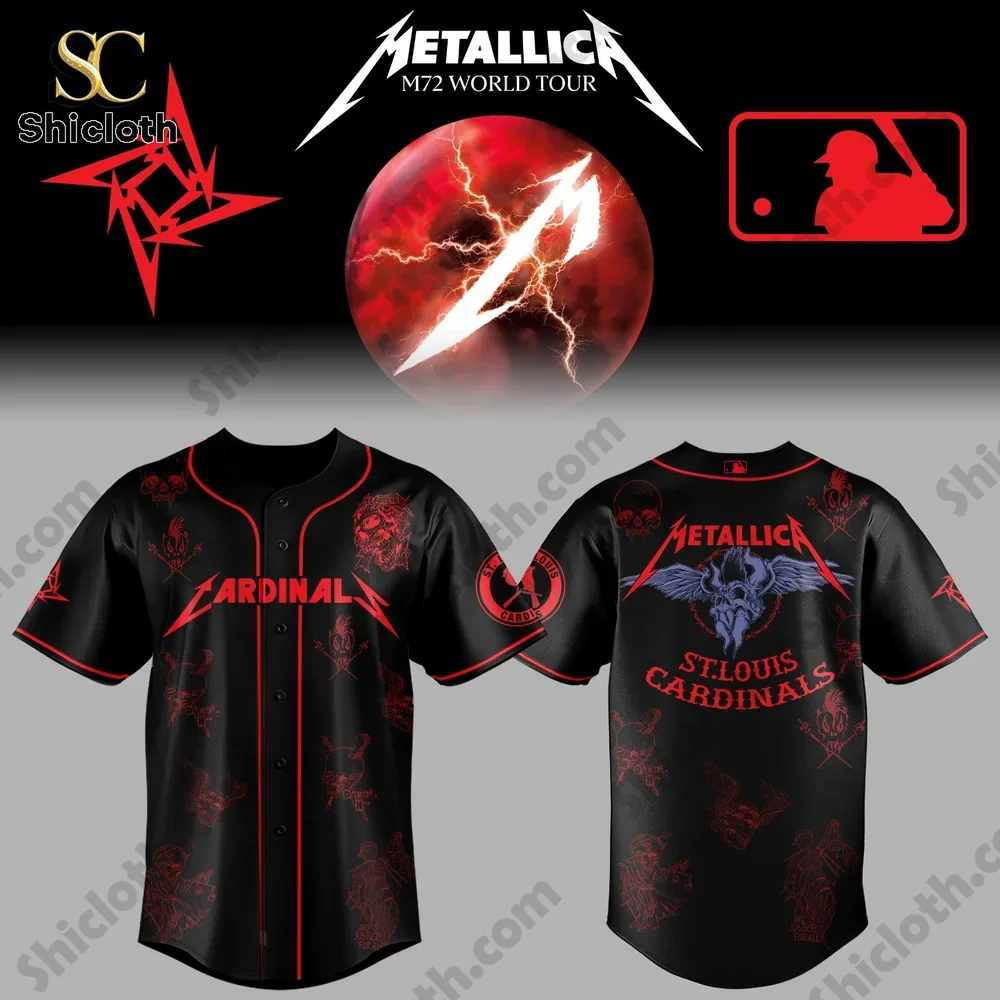 Black baseball jersey featuring Metallica and Saint Louis Cardinals design!