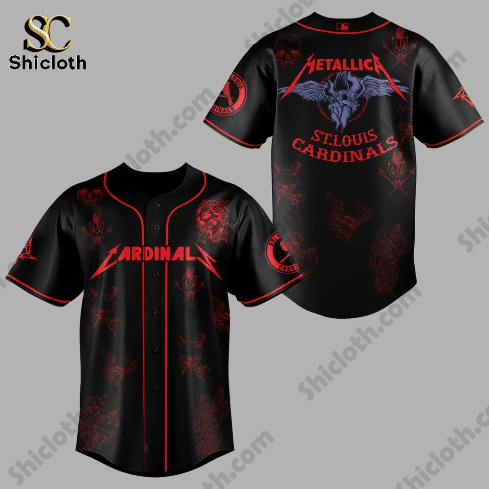Metallica x St. Louis Cardinals M72 World Tour 2026 Jersey 3 Black Metallica Saint Louis Cardinals jersey front and back view!