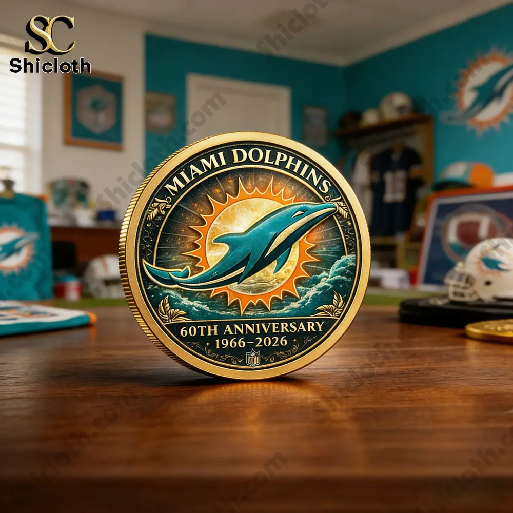 Miami Dolphins sixtieth anniversary commemorative coin front design displayed in a fan themed room!