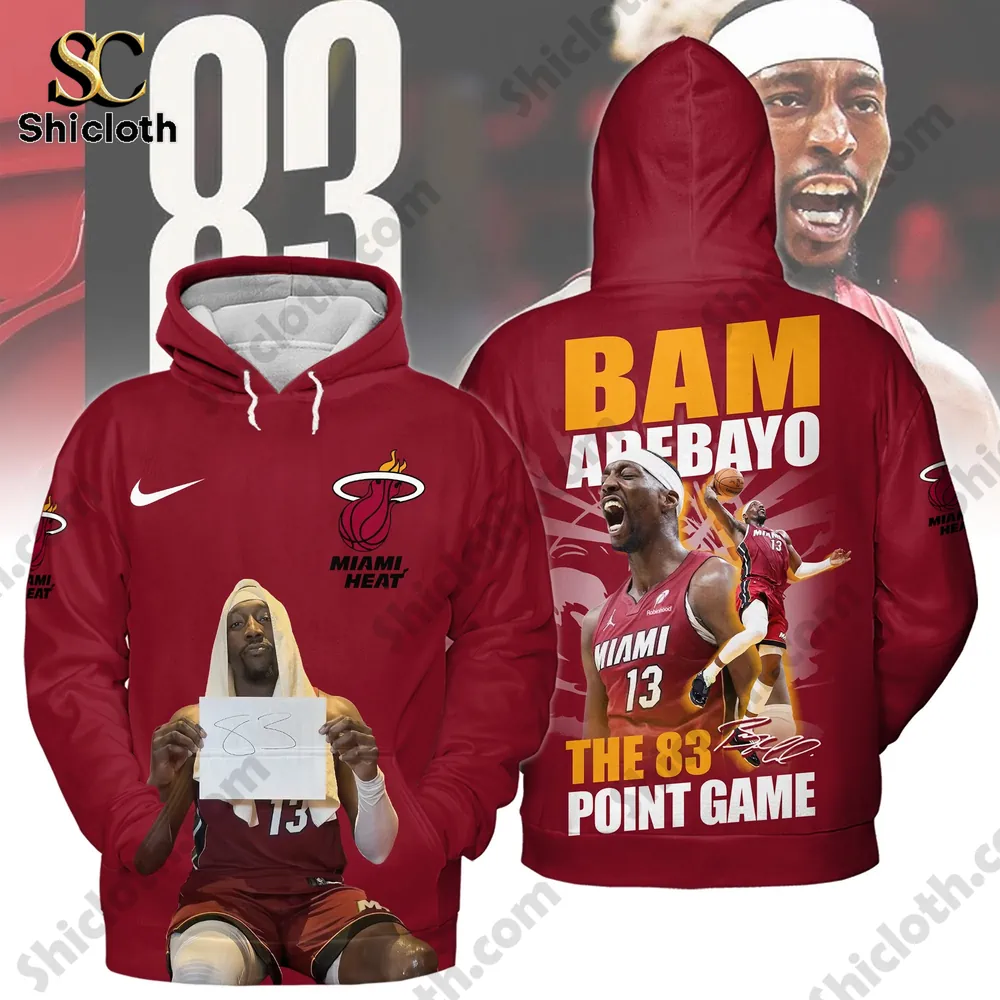 Red Miami Heat Bam Adebayo graphic hoodie celebrating epic scoring night!