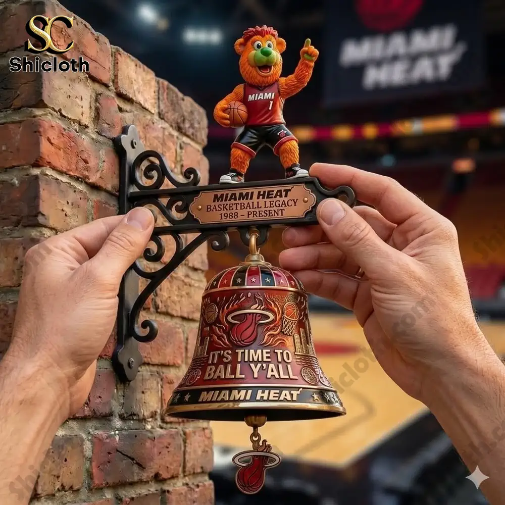 Miami Heat wall bell with team mascot figure mounted on brick wall!