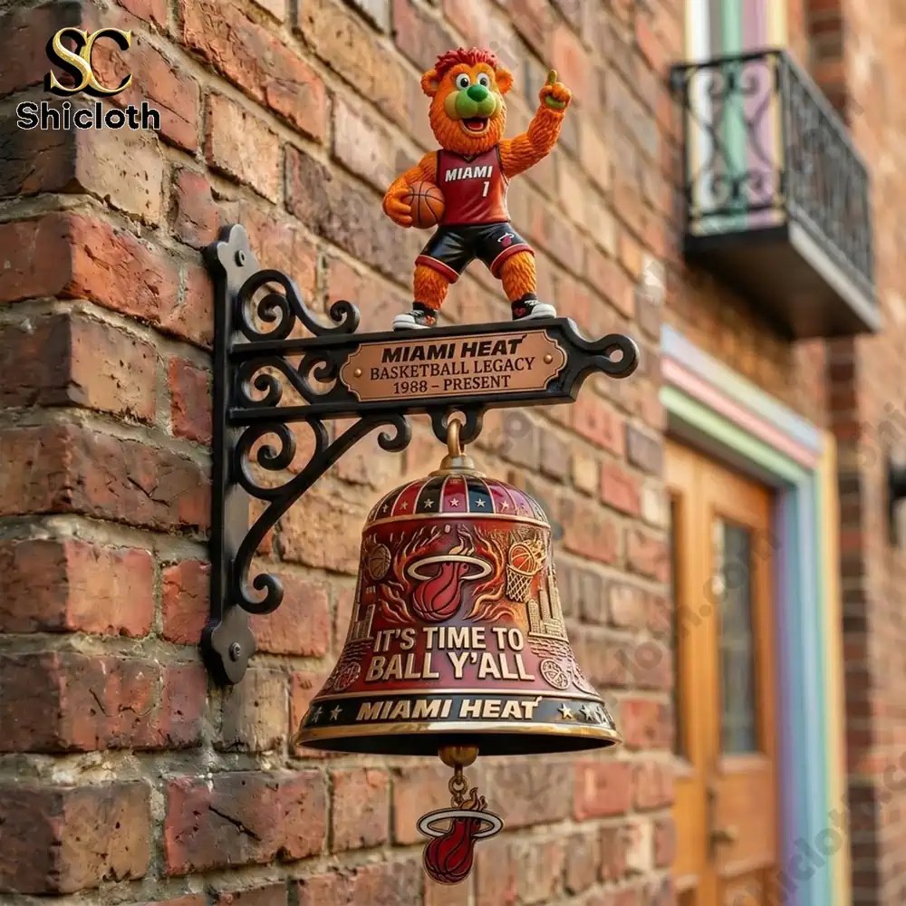 Miami Heat mascot wall bell hanging on brick wall outside house!