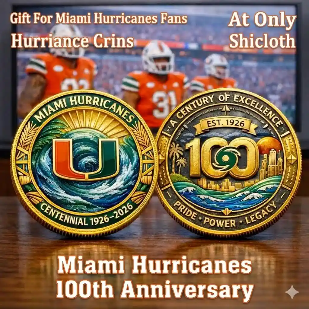 Miami Hurricanes centennial commemorative coin front and back displayed on table with football players in background!