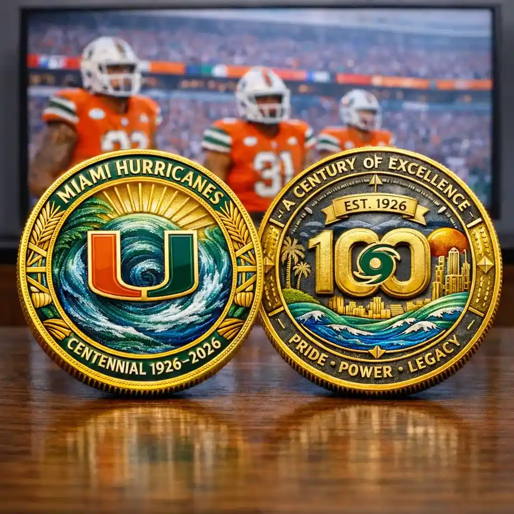 Detailed Miami Hurricanes centennial commemorative coin showing both sides on wooden table with stadium background!