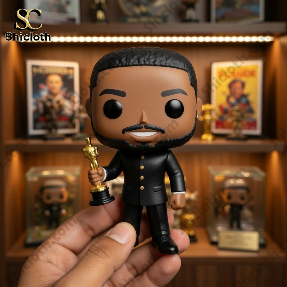 Collectible actor style figure holding a gold award statue displayed by hand in front of a trophy shelf from Shicloth!