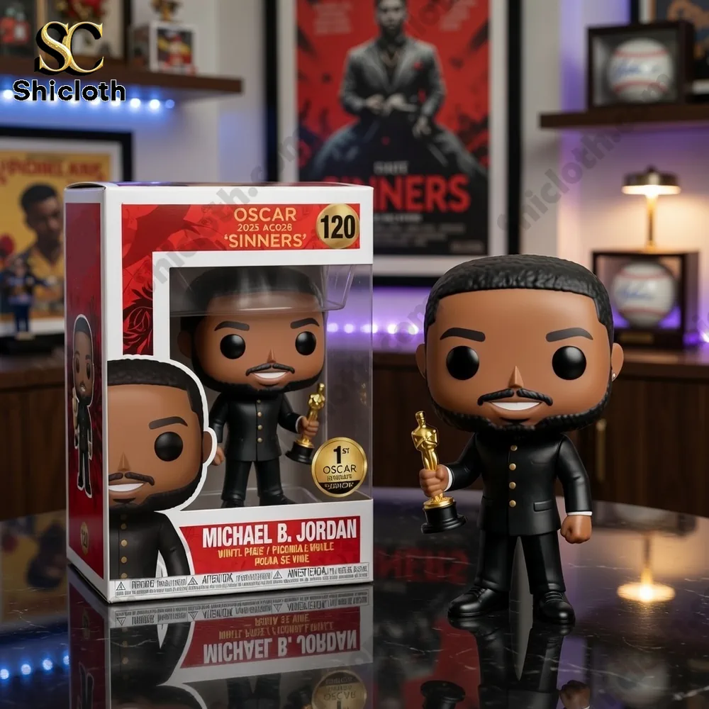 Shicloth collectible actor award figure standing beside its display box holding a gold trophy on a glossy table!