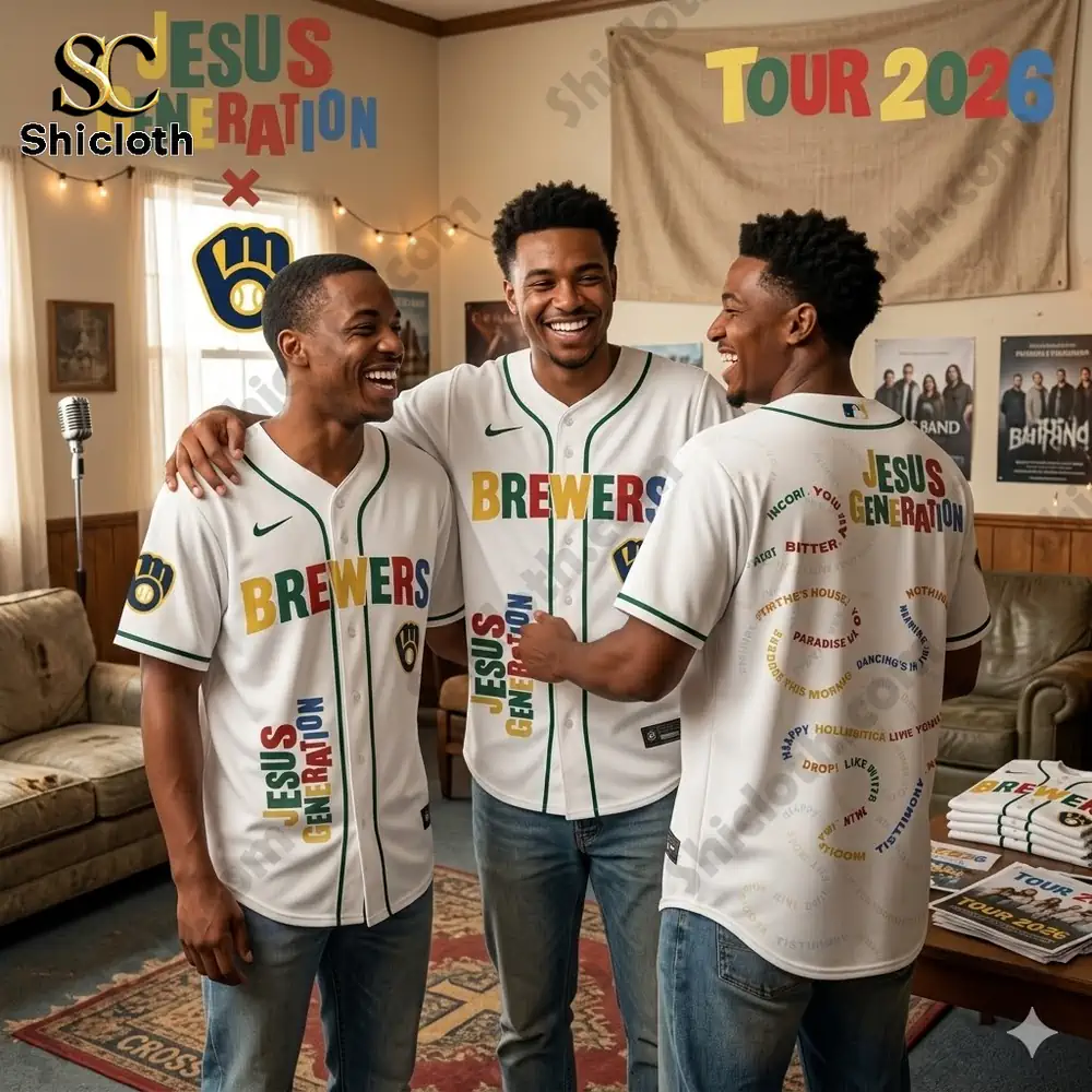 Three men wearing Brewers Jesus Generation baseball jersey standing together in a shop display room!