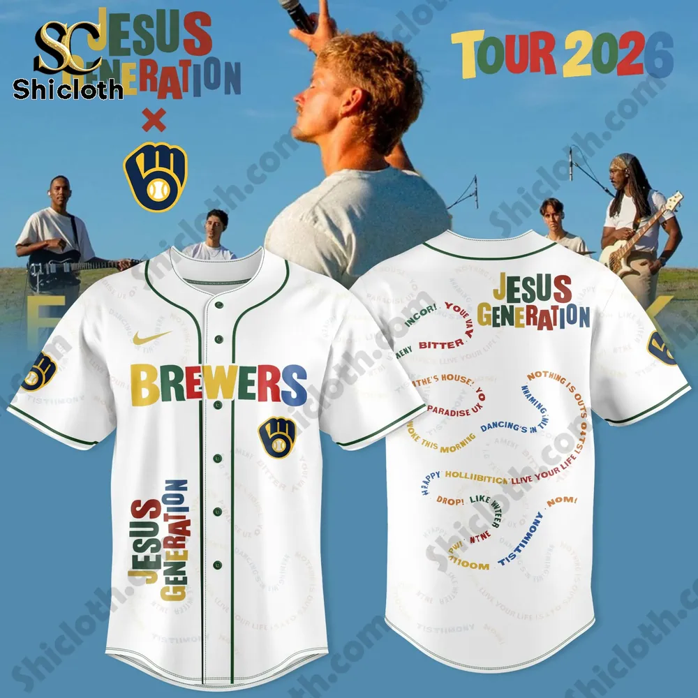 Front and back view of Brewers Jesus Generation baseball jersey white design from Shicloth!