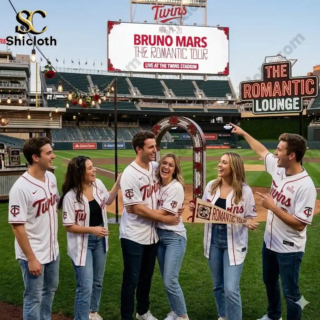 Group of friends wearing Minnesota Twins Bruno Mars The Romantic Tour jerseys at a baseball stadium!