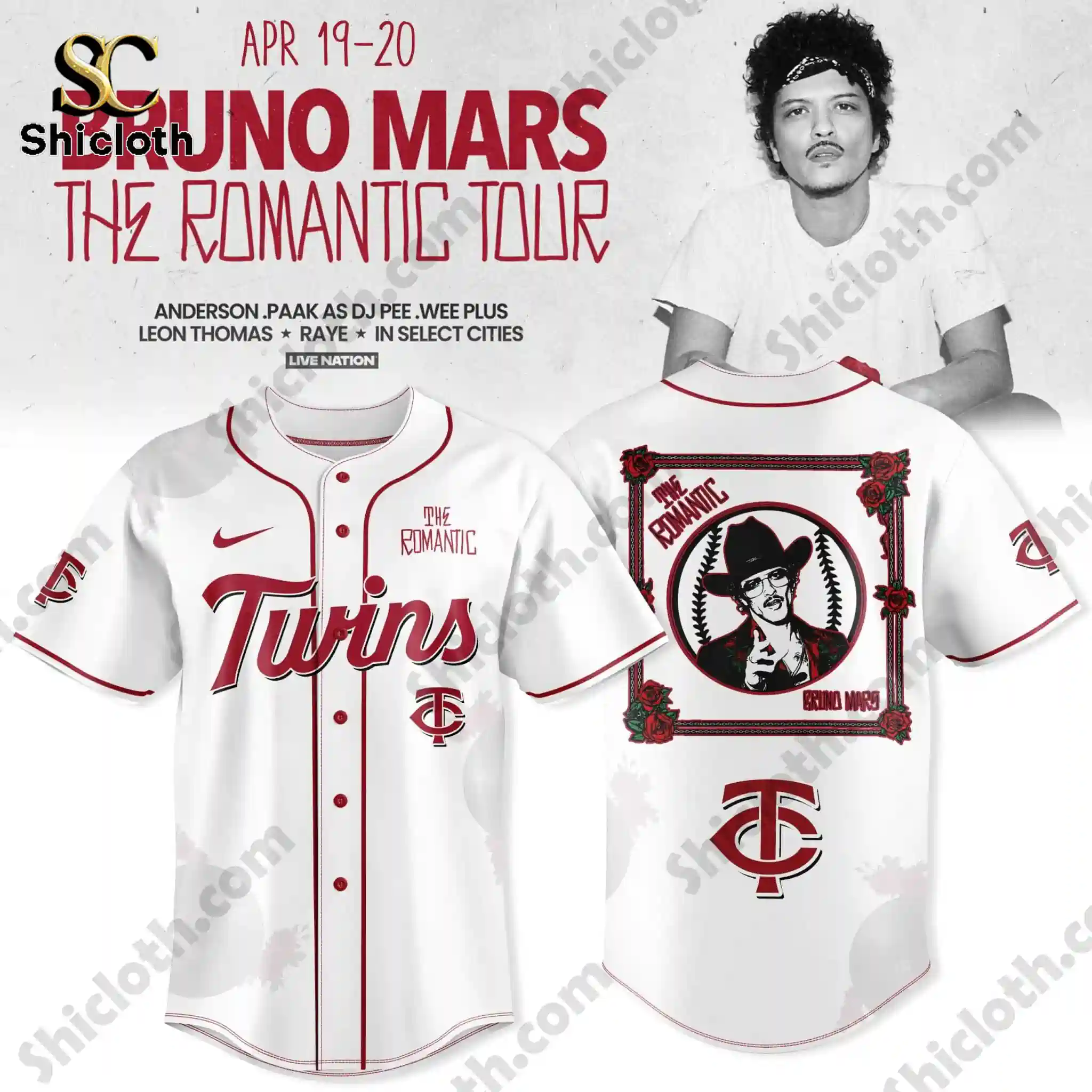 White Minnesota Twins Bruno Mars The Romantic Tour 2026 Jersey front and back design!