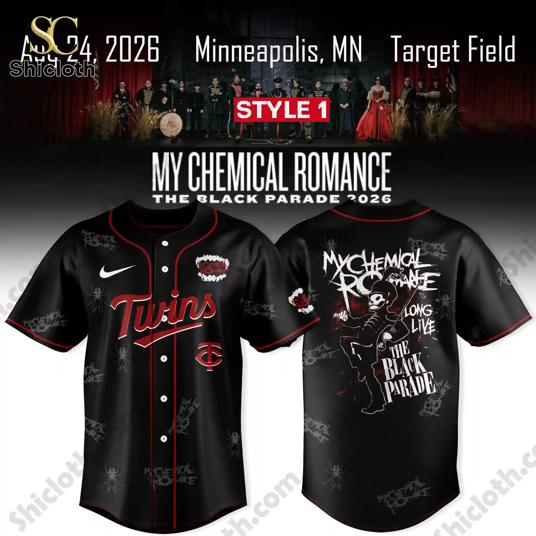 Black Minnesota Twins and My Chemical Romance The Black Parade 2026 jersey Style 1 with red accents front and back view!