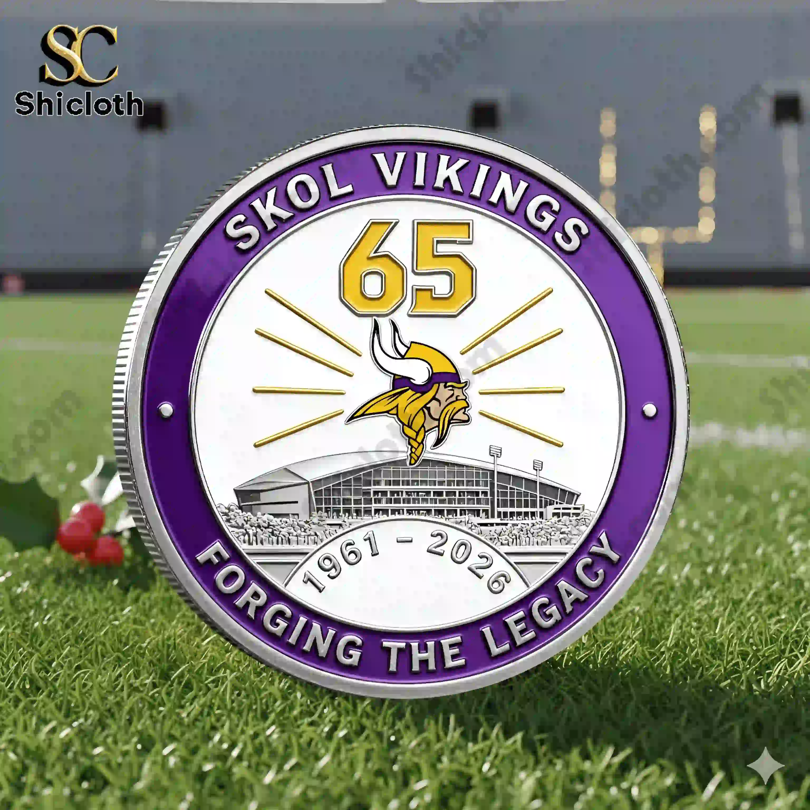 Minnesota Vikings 65th anniversary commemorative coin front displayed on football field grass