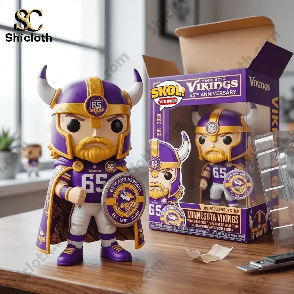 Minnesota Vikings 65th Anniversary Pop! Figure Doll 3 Minnesota Vikings anniversary viking figure on desk with packaging!