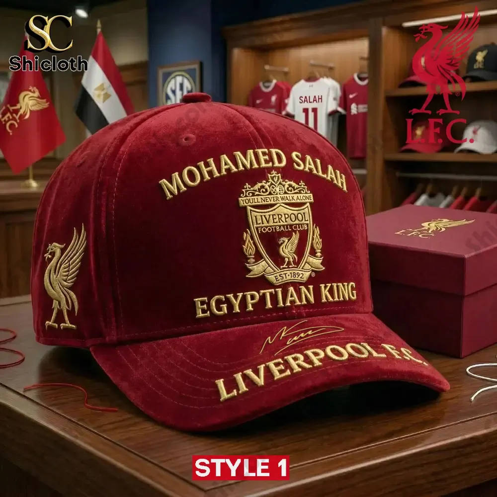 Mohamed Salah wearing white Liverpool themed cap in fan shop!