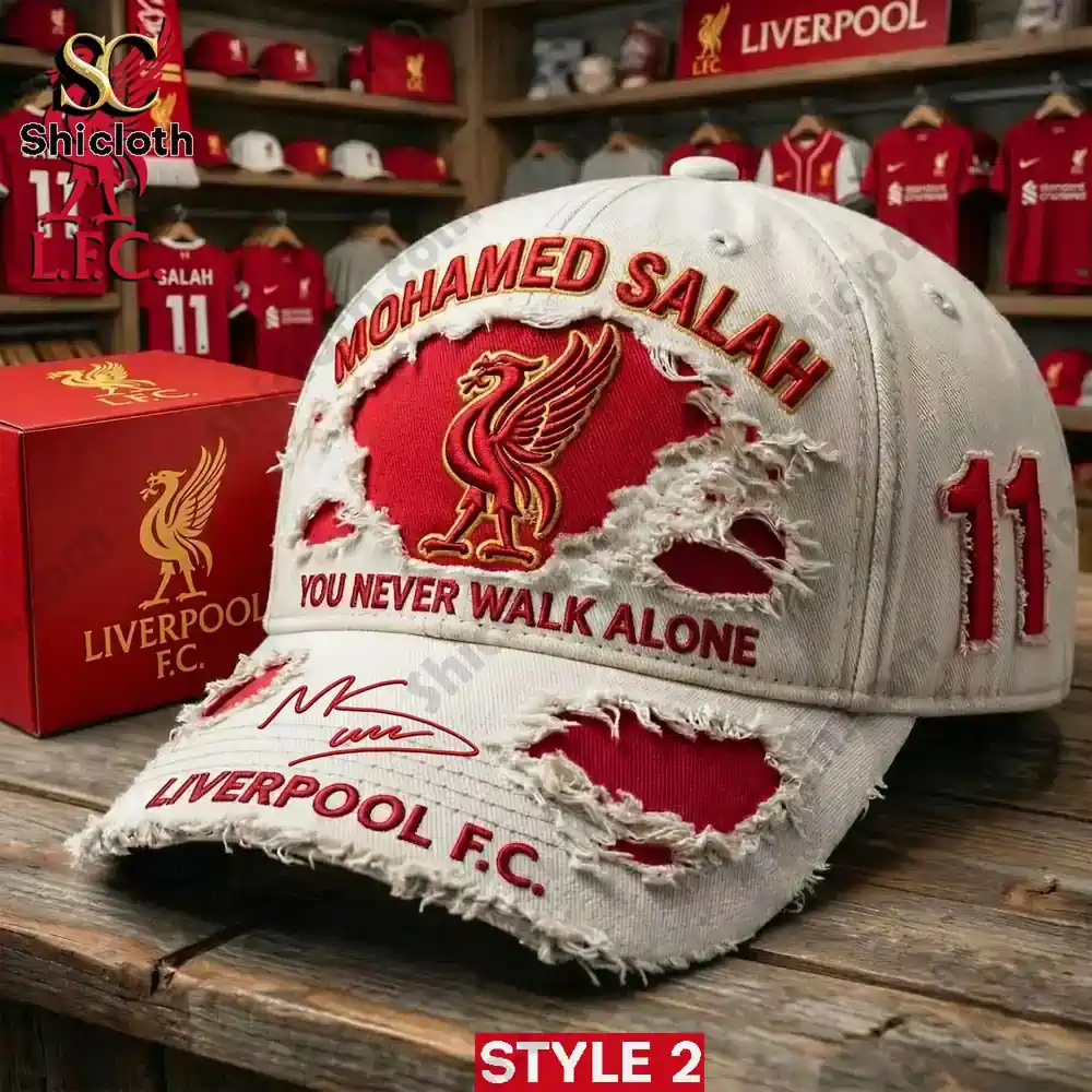Mohamed Salah Liverpool Fc 2017-2026 Thank You For The Memories Cap Hat 3 Distressed white Liverpool cap with Mohamed Salah design!
