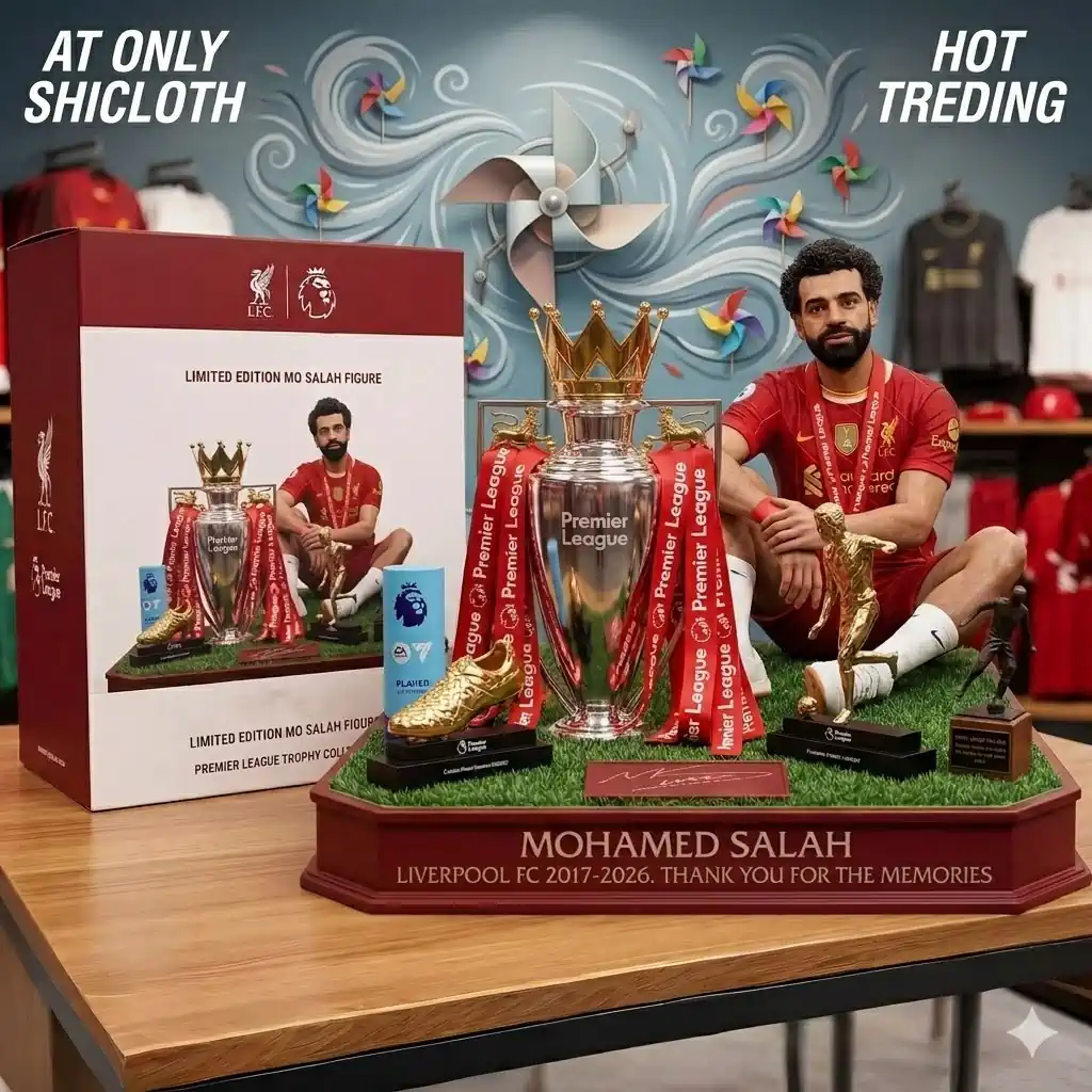 Mohamed Salah tribute figure with Premier League trophy and Liverpool memorabilia display!