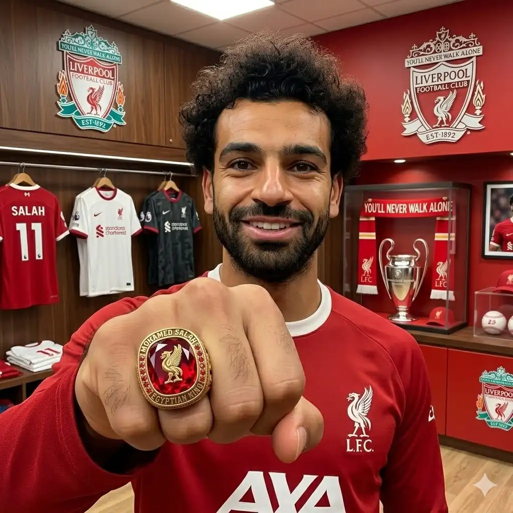 Red gemstone ring with Mohamed Salah design in Liverpool shop!