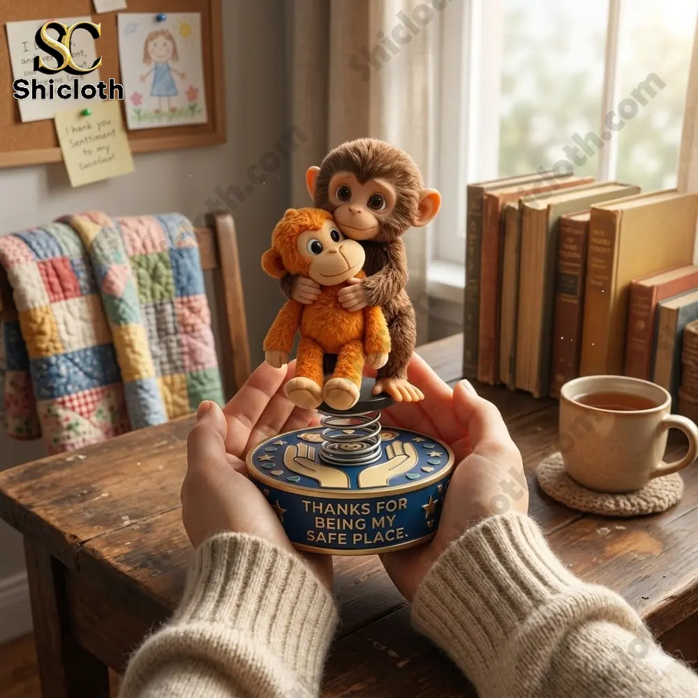 Two cute monkey figures hugging on a spring base in a cozy room!