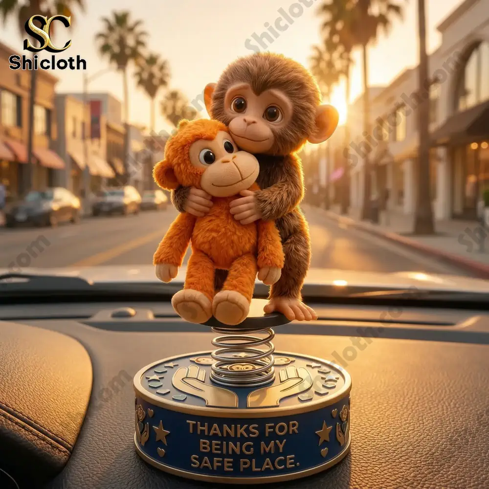Two cute monkey figures hugging on a spring base on a car dashboard at sunset!