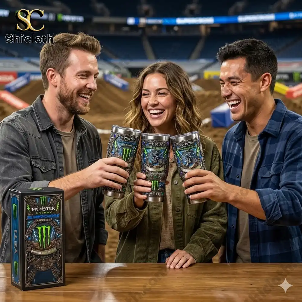 Friends holding Monster Energy Supercross Yeti tumbler cups in stadium!