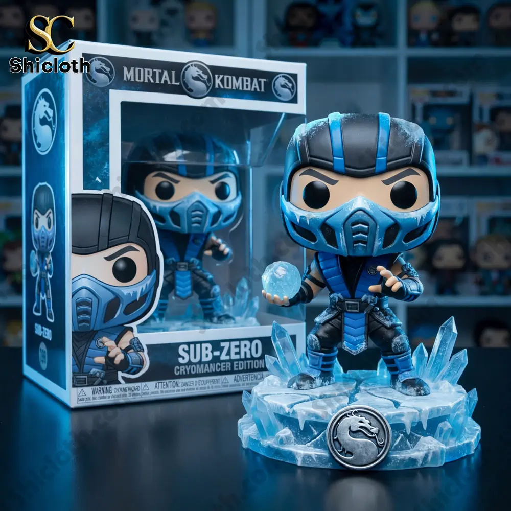sub zero ice warrior collectible figure standing on crystal ice base with product box behind!