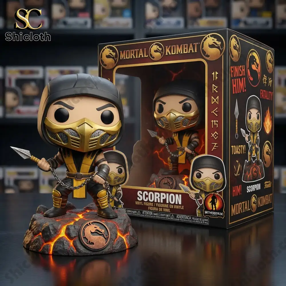 Mortal Kombat Fire & Ice Collector Funko Pop Vinyl Figure 3 scorpion fire warrior collectible figure standing on lava base with mortal kombat box!