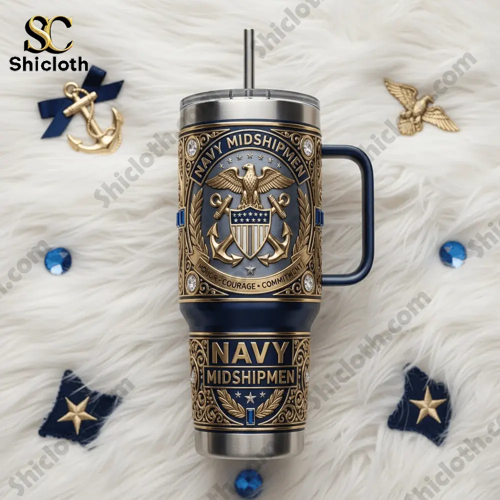 Navy Midshipmen tumbler on soft white background with decorative elements!
