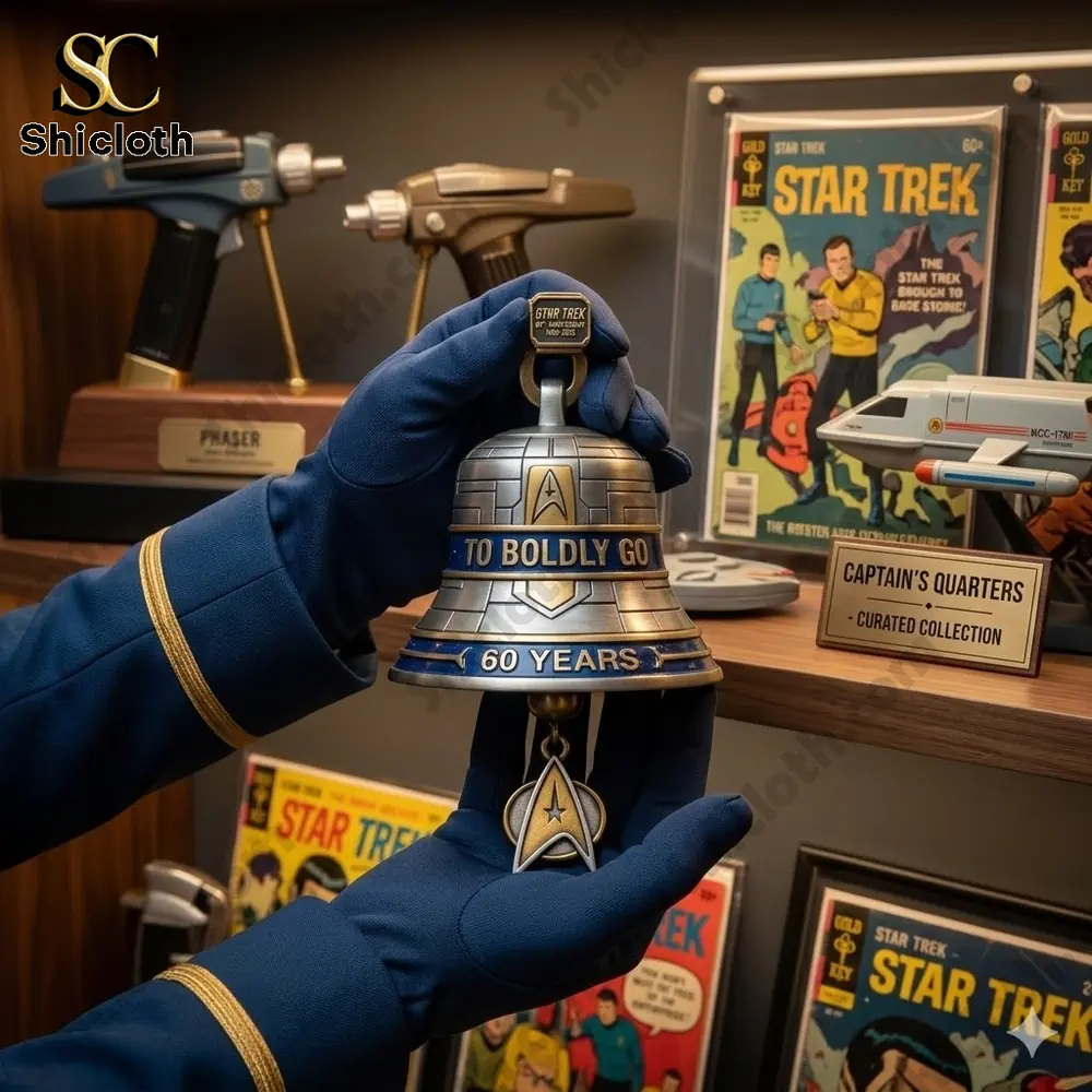 Hand holding Star Trek anniversary wall bell collectible in a display room by Shicloth!