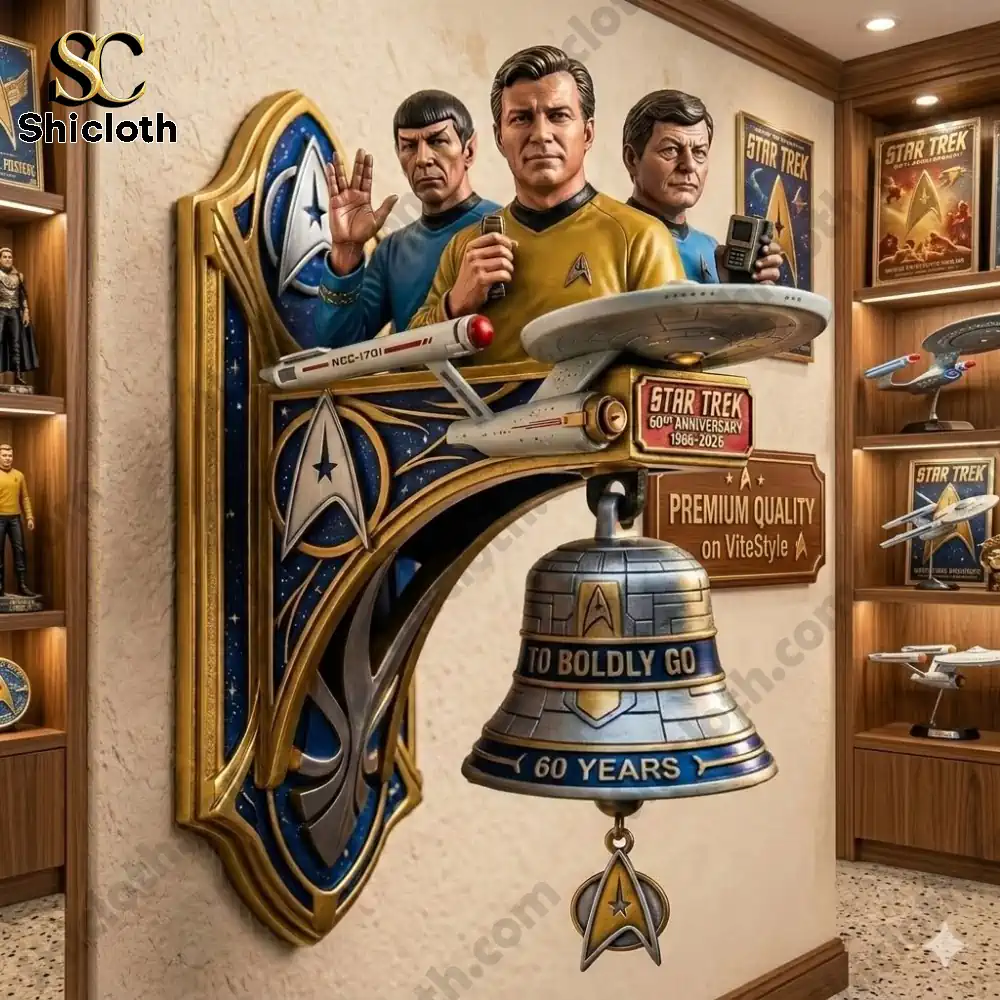 Star Trek anniversary wall bell display with starship and classic characters in a collector room by Shicloth!