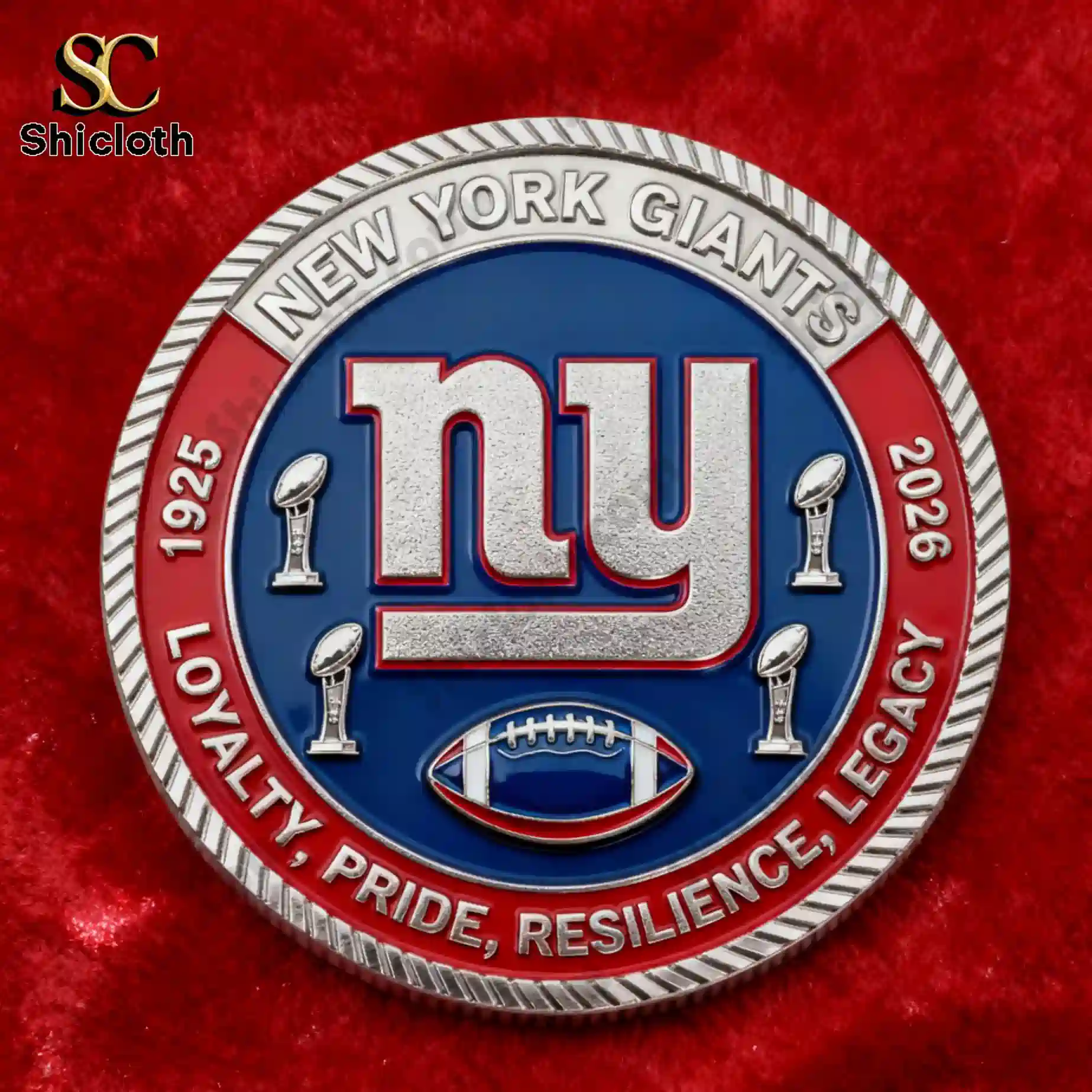 New York Giants anniversary coin reverse with ny logo trophies and football