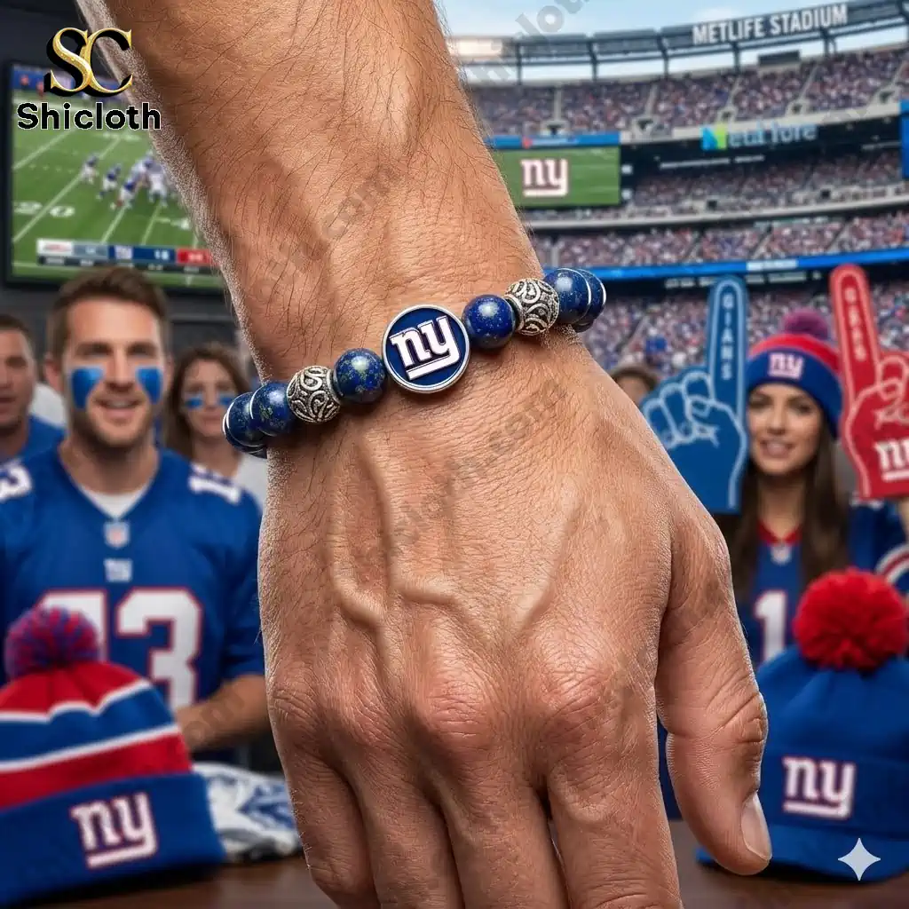 New York Giants lucky bracelet worn on wrist at stadium