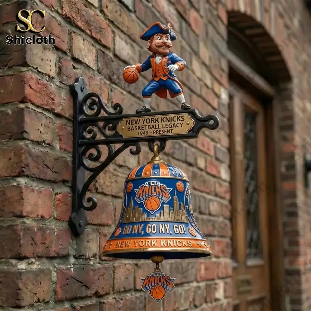 New York Knicks basketball wall bell mounted on brick wall with mascot figure on top!