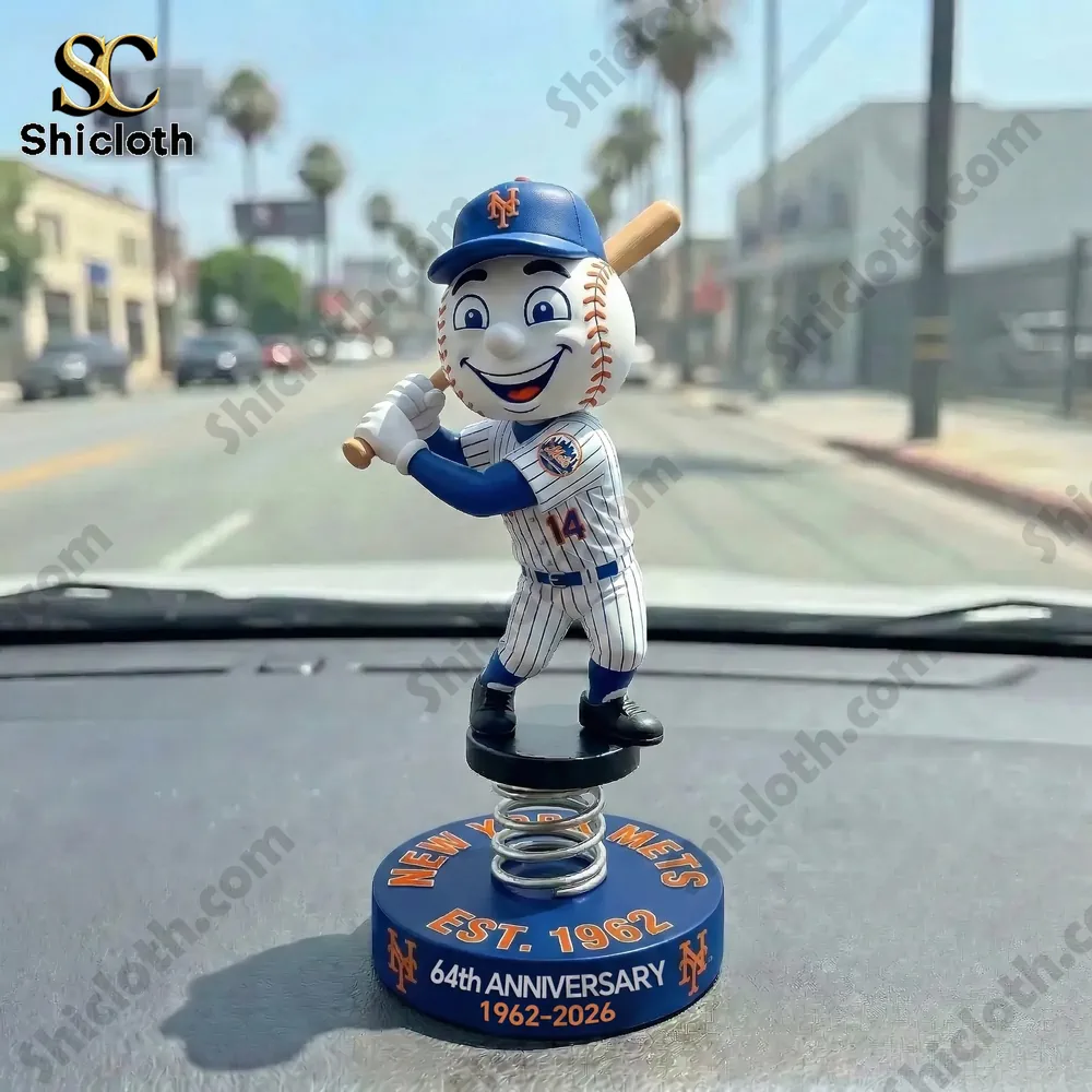 New York Mets baseball mascot bobblehead on car dashboard with city street background by Shicloth!