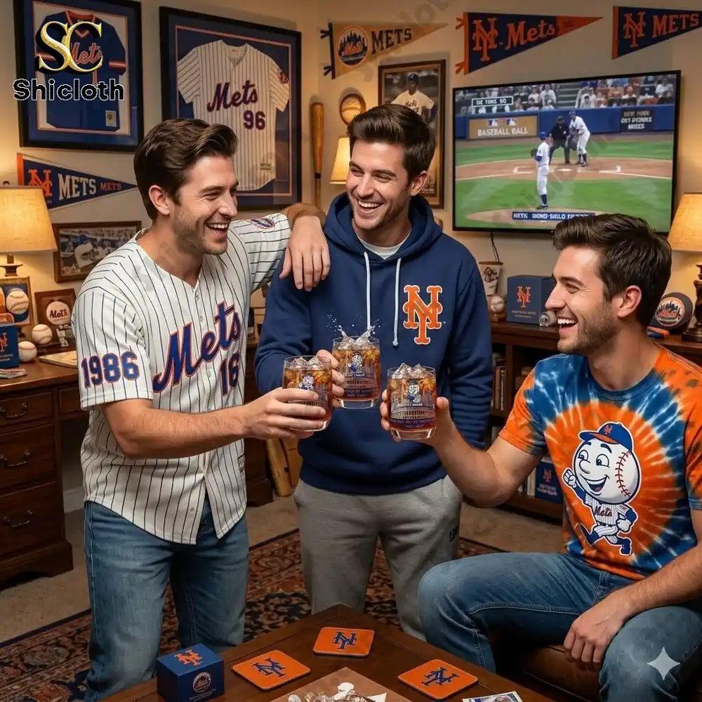Friends cheering with New York Mets anniversary commemorative whiskey glass in Mets themed fan room!