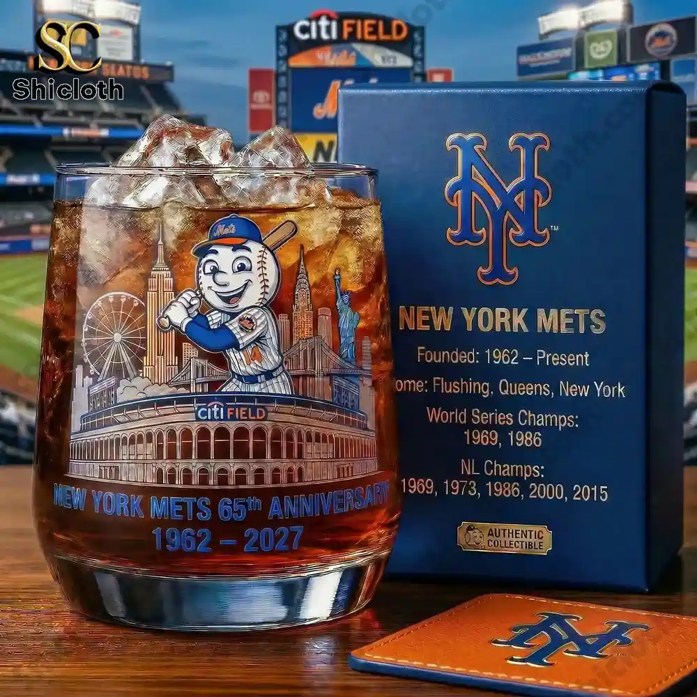 New York Mets anniversary commemorative whiskey glass with collector box displayed at baseball stadium background!