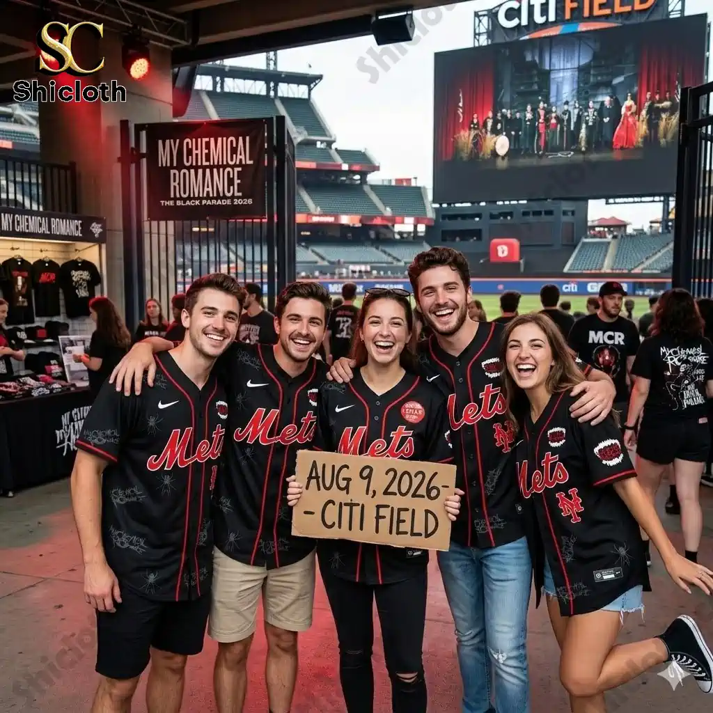 Group of friends wearing Mets My Chemical Romance jerseys at Citi Field holding August nine two thousand twenty six sign