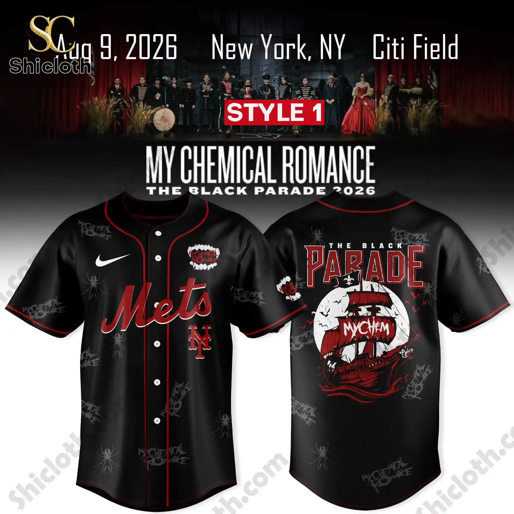 Front and back view of Shicloth Mets My Chemical Romance Black Parade 2026 Jersey Style One in red and black