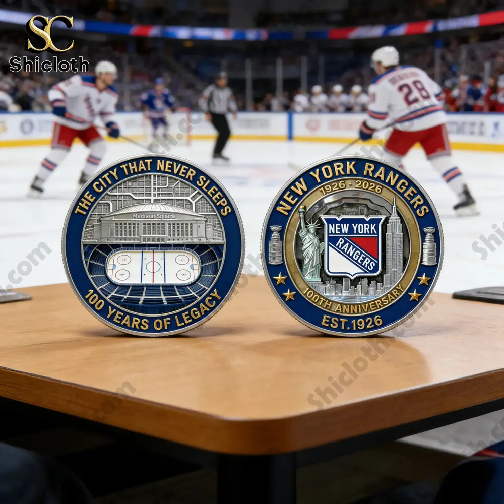 New York Rangers one hundredth anniversary commemorative coin showing front and back design on table near hockey game!