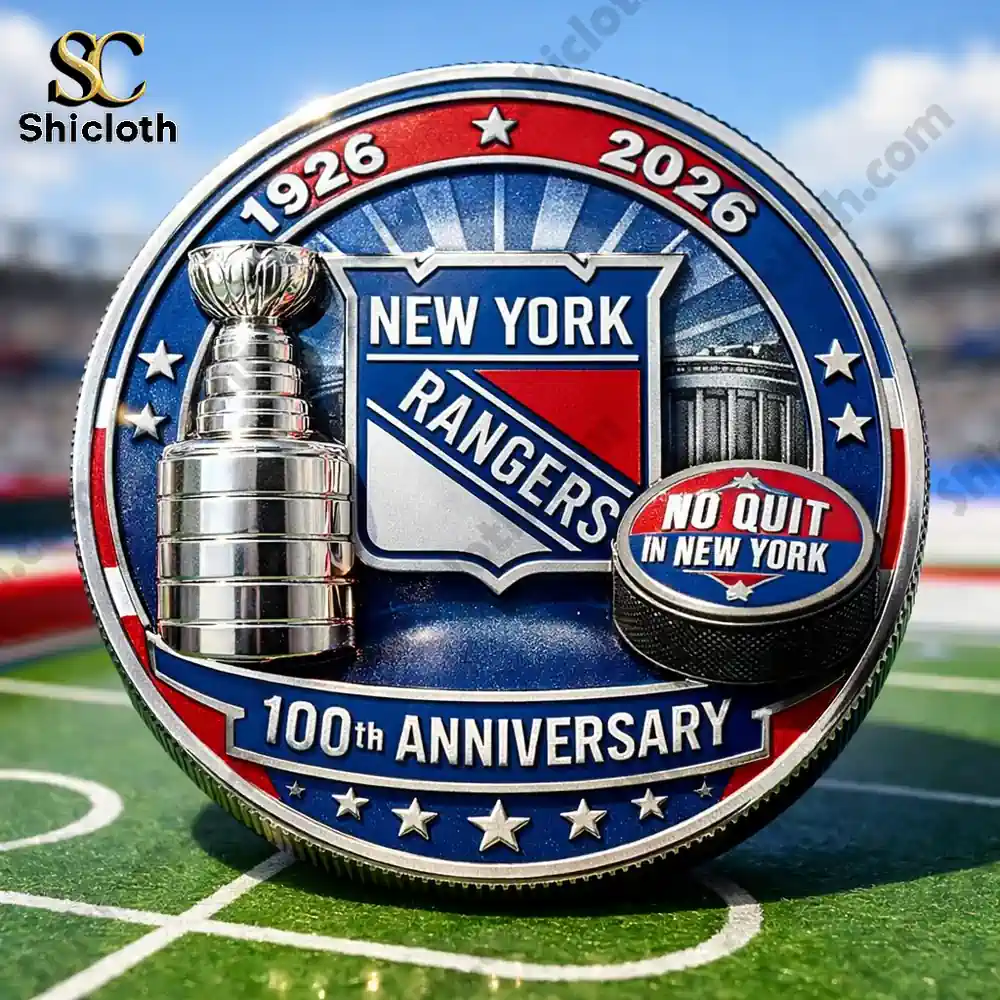 New York Rangers centennial commemorative coin front design with team shield and Stanley Cup by Shicloth shop!
