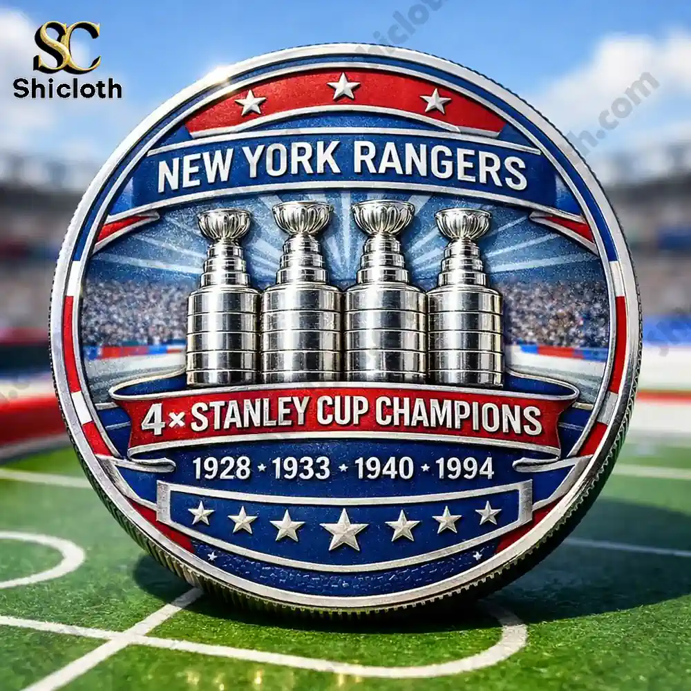 New York Rangers commemorative coin back design showing four Stanley Cup trophies by Shicloth shop!