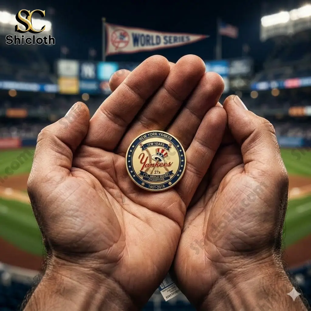 New York Yankees commemorative coin held in hands at baseball stadium.