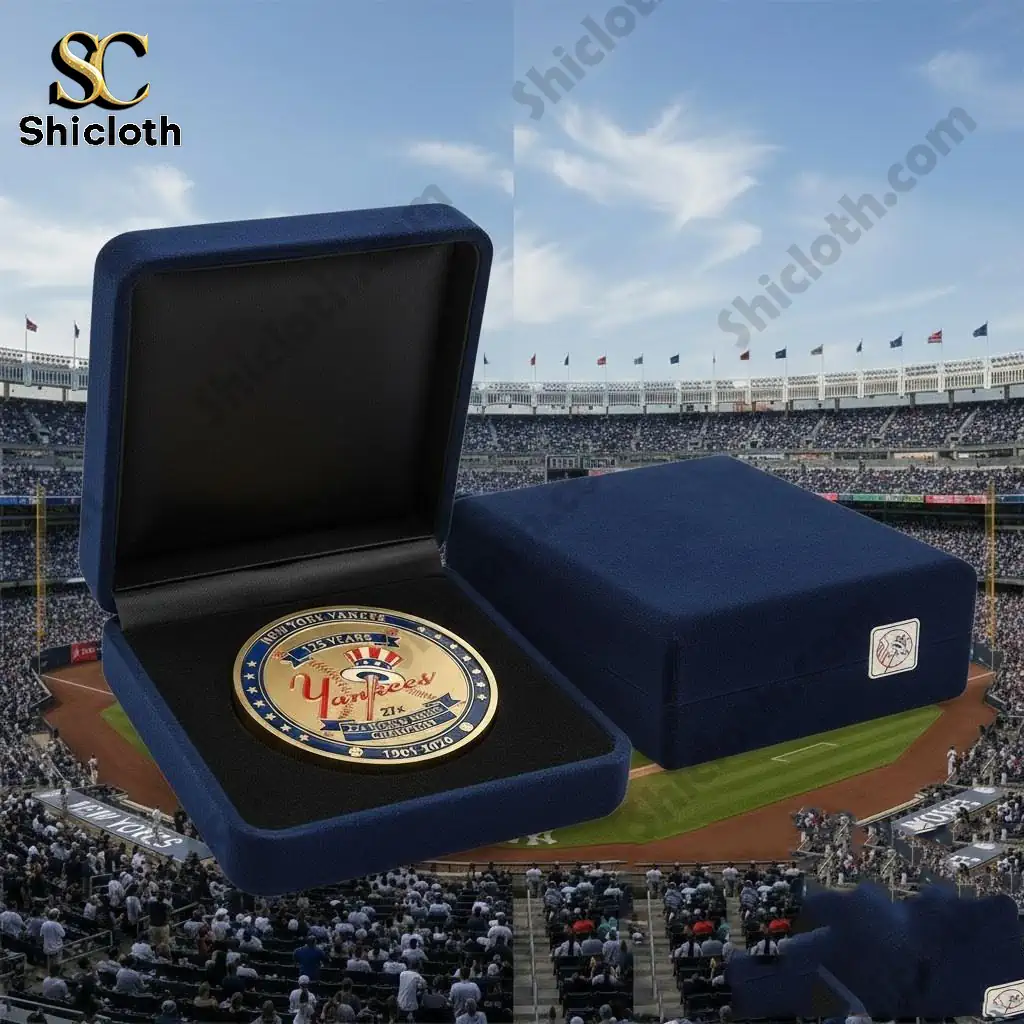 New York Yankees commemorative coin in premium display box at stadium.