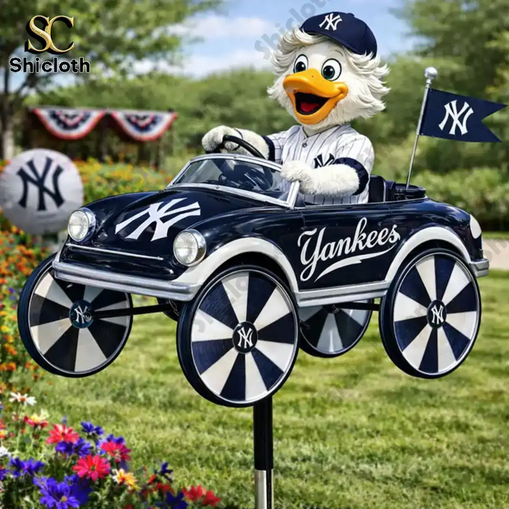 Duck mascot driving Yankees themed wind spinner car!