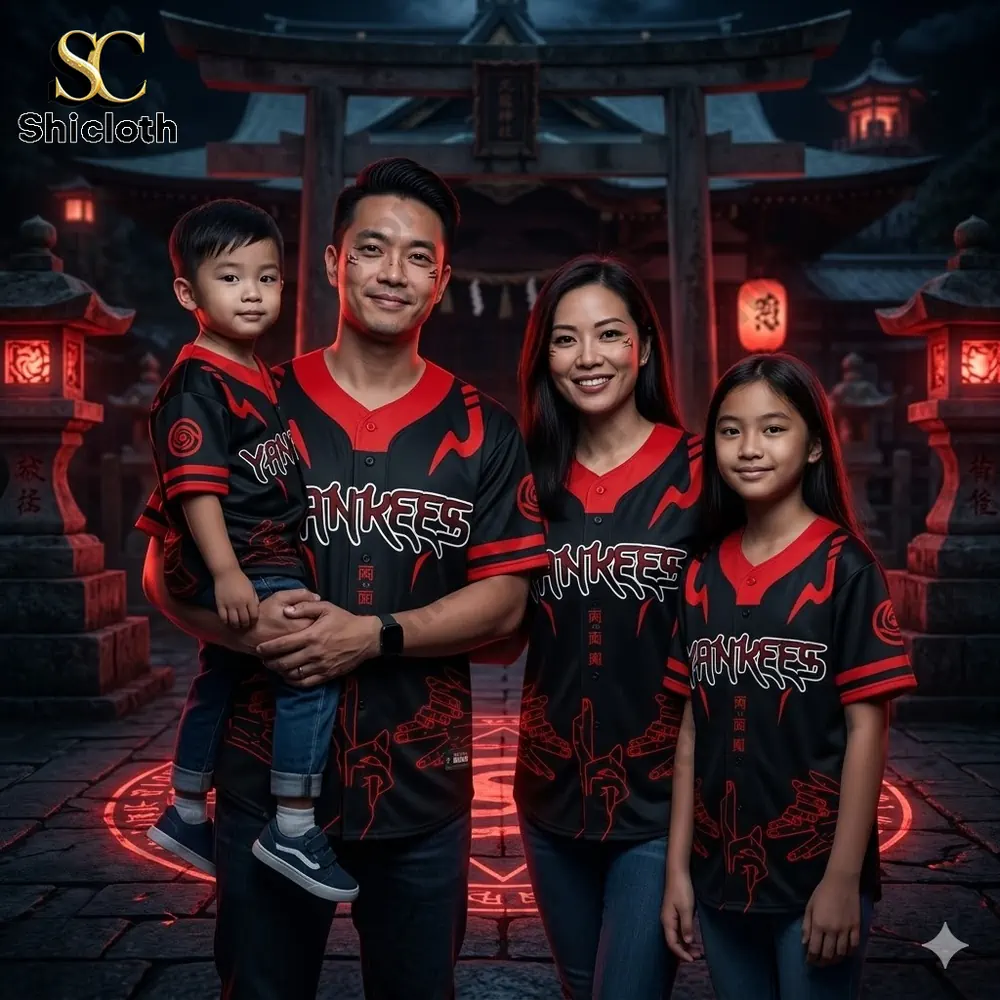 Family wearing Shicloth New York Yankees Jujutsu Kaisen anime baseball jersey in red and black style!