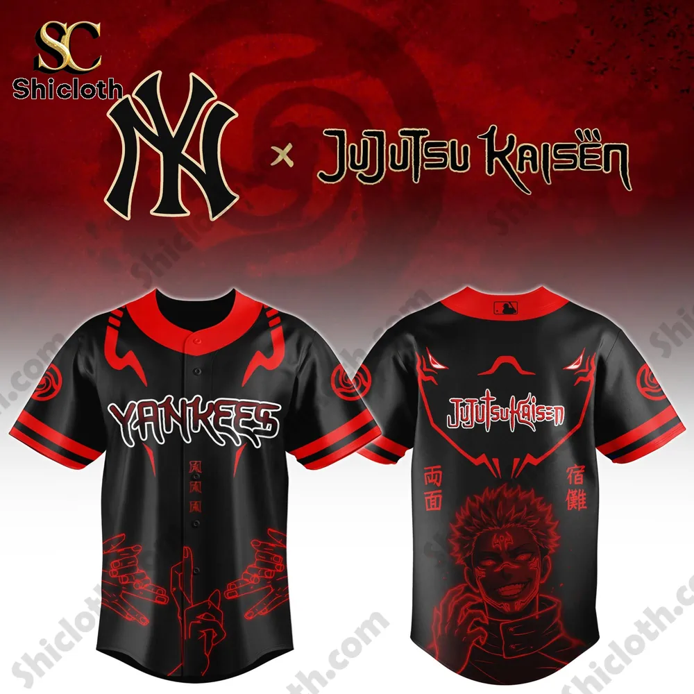 Front and back design of Shicloth New York Yankees Jujutsu Kaisen anime baseball jersey in black and red theme!