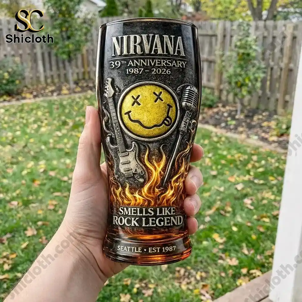 Nirvana anniversary relief pint glass with smiley guitar microphone and flame design by Shicloth!