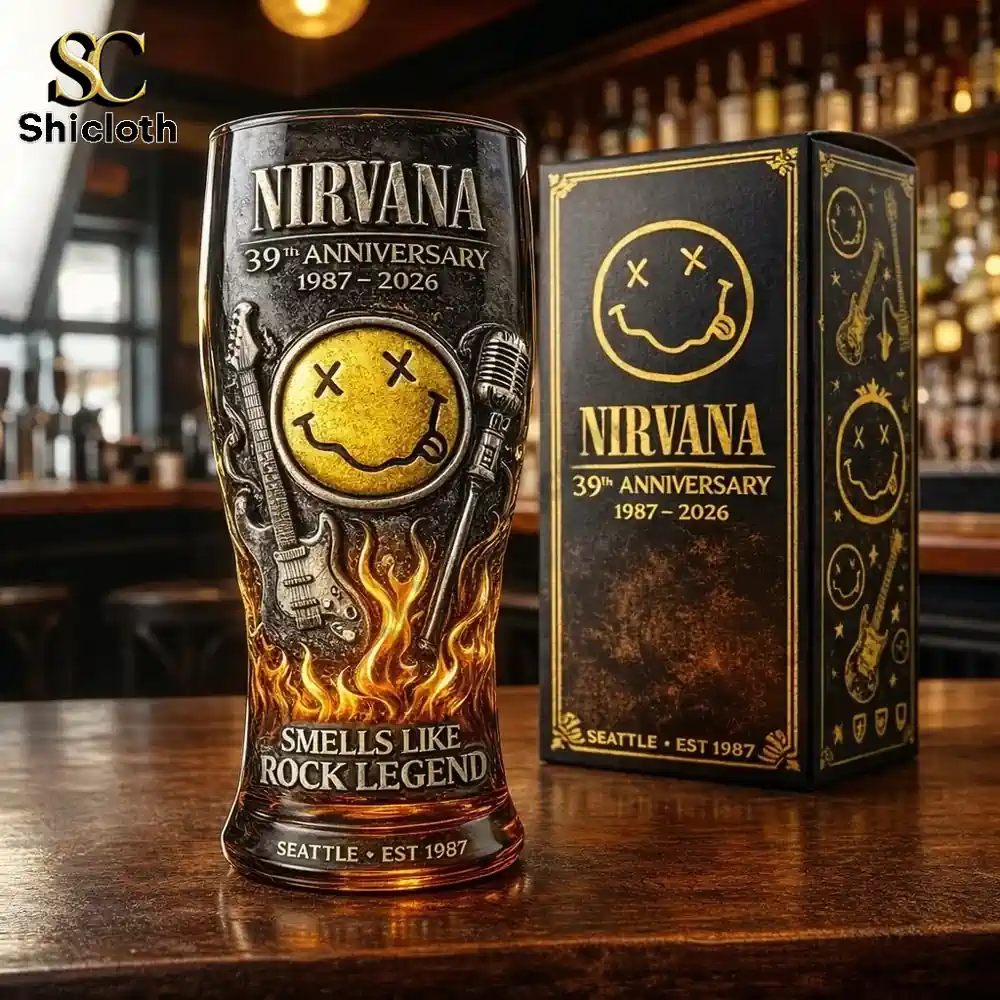 Nirvana anniversary relief pint glass with smiley guitar microphone flame design and product box by Shicloth!