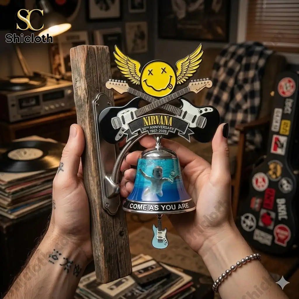 Nirvana anniversary wall bell with smiley face and guitars held indoors by hands